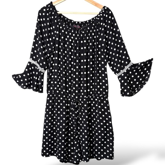 ELENA WANG Easy Care Poly Black / White Polka Dot Romper Bell Sleeves CA Sz L - Picture 1 of 7